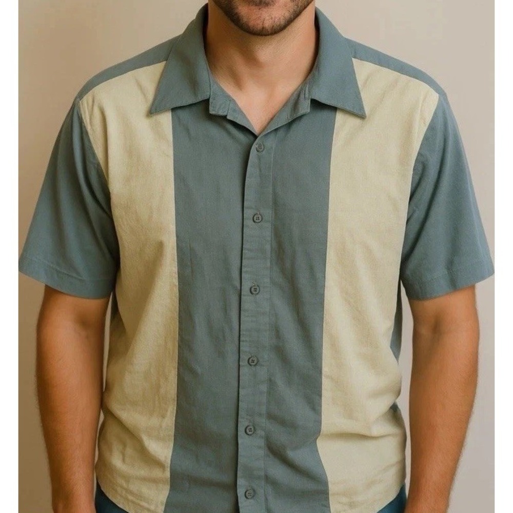 Mens XL Marc Edwards Linen‎ Blend Green Yellow Color Block Bowling Shirt Hawaii